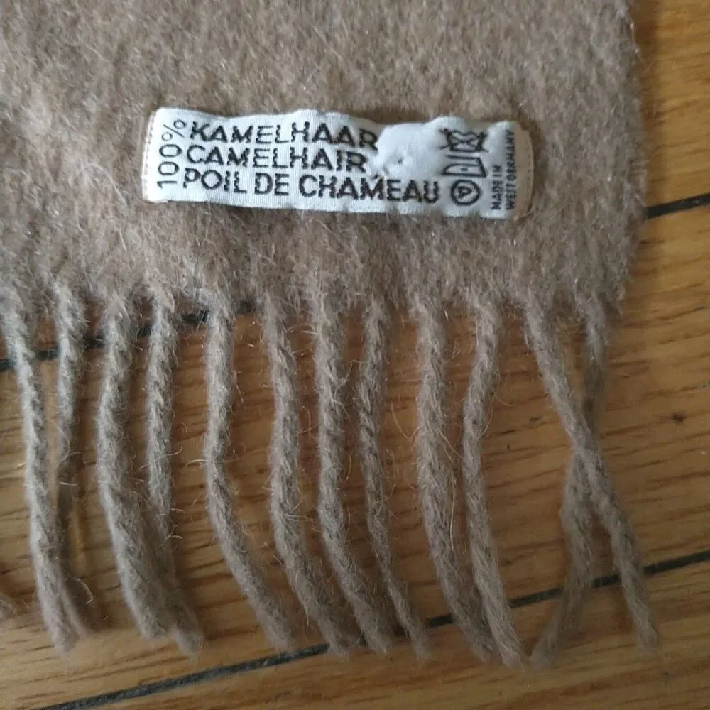 Vtg Scarf Unisex Brown 100% Camel Hair Fringes Luxury Rectangle 10x48